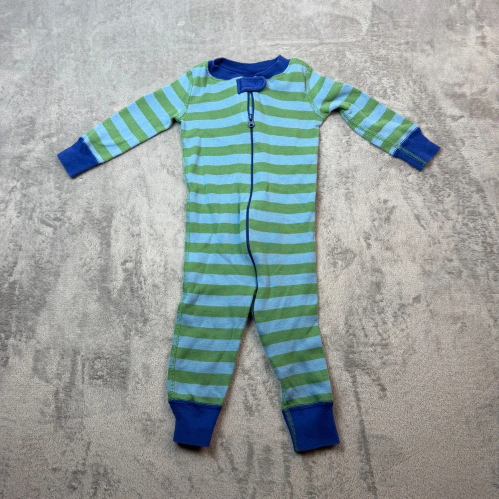 Hanna Andersson Sleeper Unisex 70 9-18M Blue Green Striped Organic Cotton Pajama